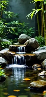 Mobile wallpaper of a serene bamboo waterfall scene.