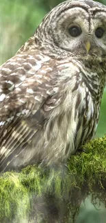 Barred owl perched on green moss-covered branch in forest.