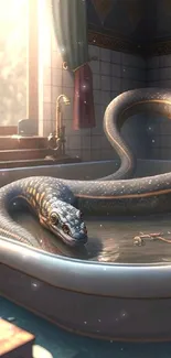 Snake lounging in a sunlit bathroom tub, creating a serene and artistic scene.