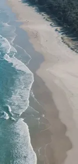 Aerial view of a serene beach with turquoise water and golden sand.