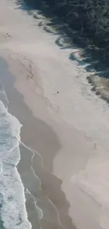 Aerial view of a serene beach with gentle waves and sandy shores.