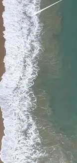 Aerial view of serene beach with waves meeting sandy shore.