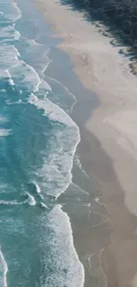 Aerial view of a serene beach with crystal-clear ocean waves.