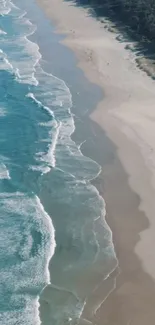 Aerial view of a serene beach with turquoise waves and sandy shore.