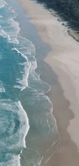 Aerial view of a serene beach with turquoise waves and sandy shores.