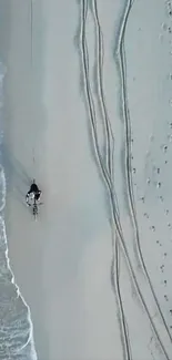 Aerial view of a serene beach with ocean waves and sandy shore.