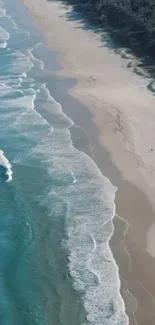 Aerial view of serene beach with turquoise waves and sandy shore.