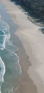 Aerial view of a serene beach with waves and sand.