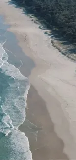 Aerial view of a serene beach with gentle waves and a pristine sandy shore.