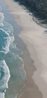 Aerial view of a serene beach with turquoise waves and sandy shores.