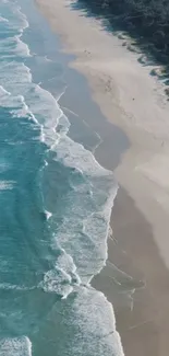 Aerial view of a serene beach with turquoise waters and a sandy coastline.