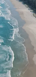 Aerial beach view with turquoise water and sandy shores.