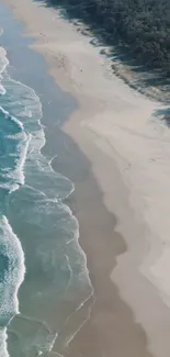 Aerial view of a serene beach with blue ocean waves and sandy shores.