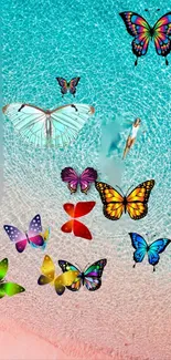 Aerial view of tranquil turquoise waters and pink sand beach with a person floating.