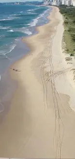 Aerial view of a serene beach with waves and sand.