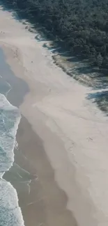 Aerial view of a serene beach with blue waves and soft white sand.