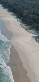 Aerial view of a tranquil beach with blue ocean waves.