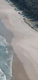 Aerial view of a serene beach with gentle waves and lush greenery.