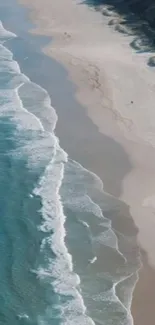 Aerial view of a serene beach with gentle waves and untouched sands.