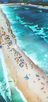 Aerial view of a stunning turquoise beach with sand and people.