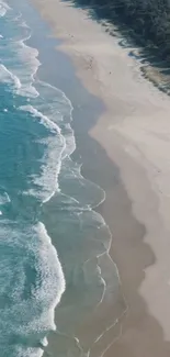 Aerial view of a serene beach with turquoise waves and lush green forest.