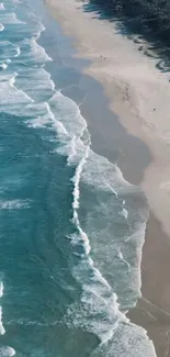 Aerial view of a serene beach with blue waves and sandy shoreline.