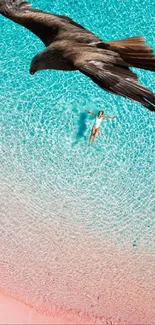 Aerial view of a serene beach with a soaring bird above tranquil waters.