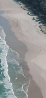 Aerial view of a serene sandy beach with gentle waves.