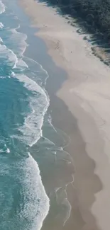 Aerial view of a serene beach with turquoise waves and sandy shores.