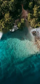 Aerial view of turquoise beach with lush forest and coastline.