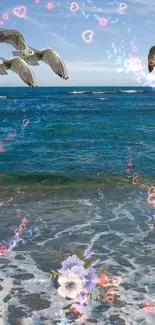 Seagulls fly over a beach with gentle ocean waves and seashells in the sand.