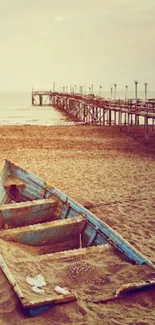 Vintage boat and wooden pier on serene beach under pastel sky.