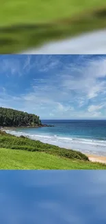 Serene beach scene with blue sky and lush greenery.