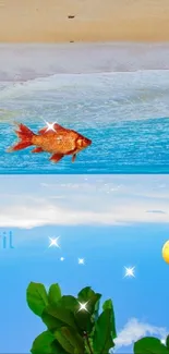 Mobile wallpaper with serene beach and sky view showcasing a goldfish.