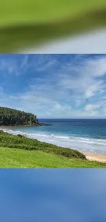 Serene beach with blue sky and lush green landscape.