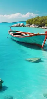 Turquoise beach with wooden boat wallpaper