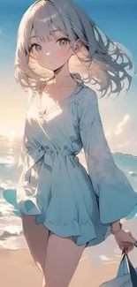 Anime girl enjoying a serene beach scene with ocean waves.