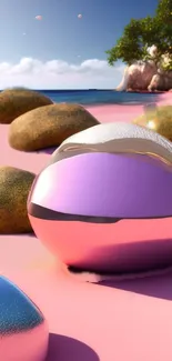 Artistic beach wallpaper with shiny spheres on pink sand.