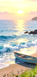 A serene beach with a boat at sunset.