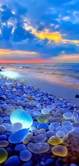 Sunset beach with vibrant pebbles and calming ocean waves.