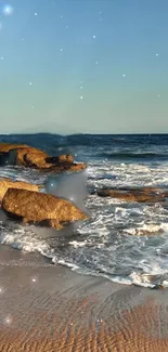 Serene beach with ocean waves at sunset under a sparkling sky.