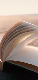 Open book at beach with pages turning.