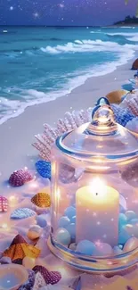 Serene beach wallpaper with candle and seashells by the ocean at night.