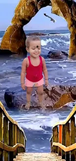 Child standing happily near ocean bridge.