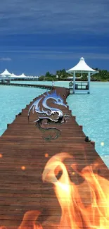 Dragon art on tropical pier with sea view.