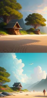 Serene beach with huts under lush trees and vibrant sky in fantasy setting.