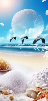 Fantasy beach wallpaper with sky, sea, and birds.