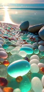 Colorful beach stones under a serene sunset.