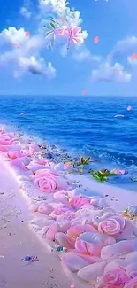 A serene beach with pink roses lining the shore and a tranquil blue ocean.