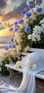 Serene beach scene with flowers and sunset.